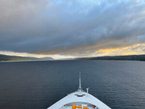view of Oslofyord from the bow of Disney Magic